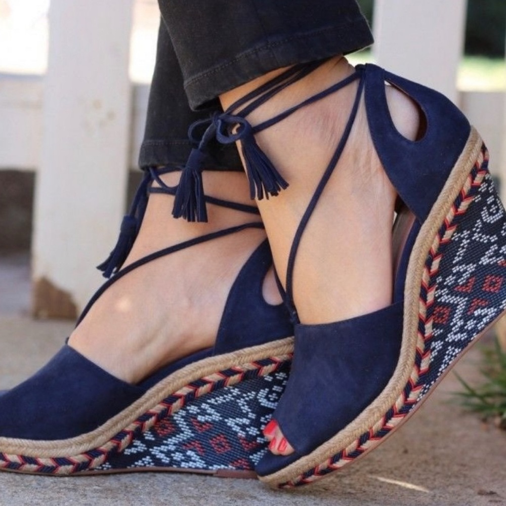 CAbi Navy Blue Espadrille Isla Wedge Sandals size 8